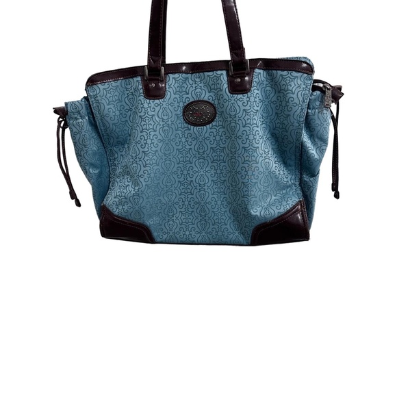 Reba Teal & Dark Brown Trim Patterned Zip Tote/Carry All Timeless Elegance - Picture 2 of 15